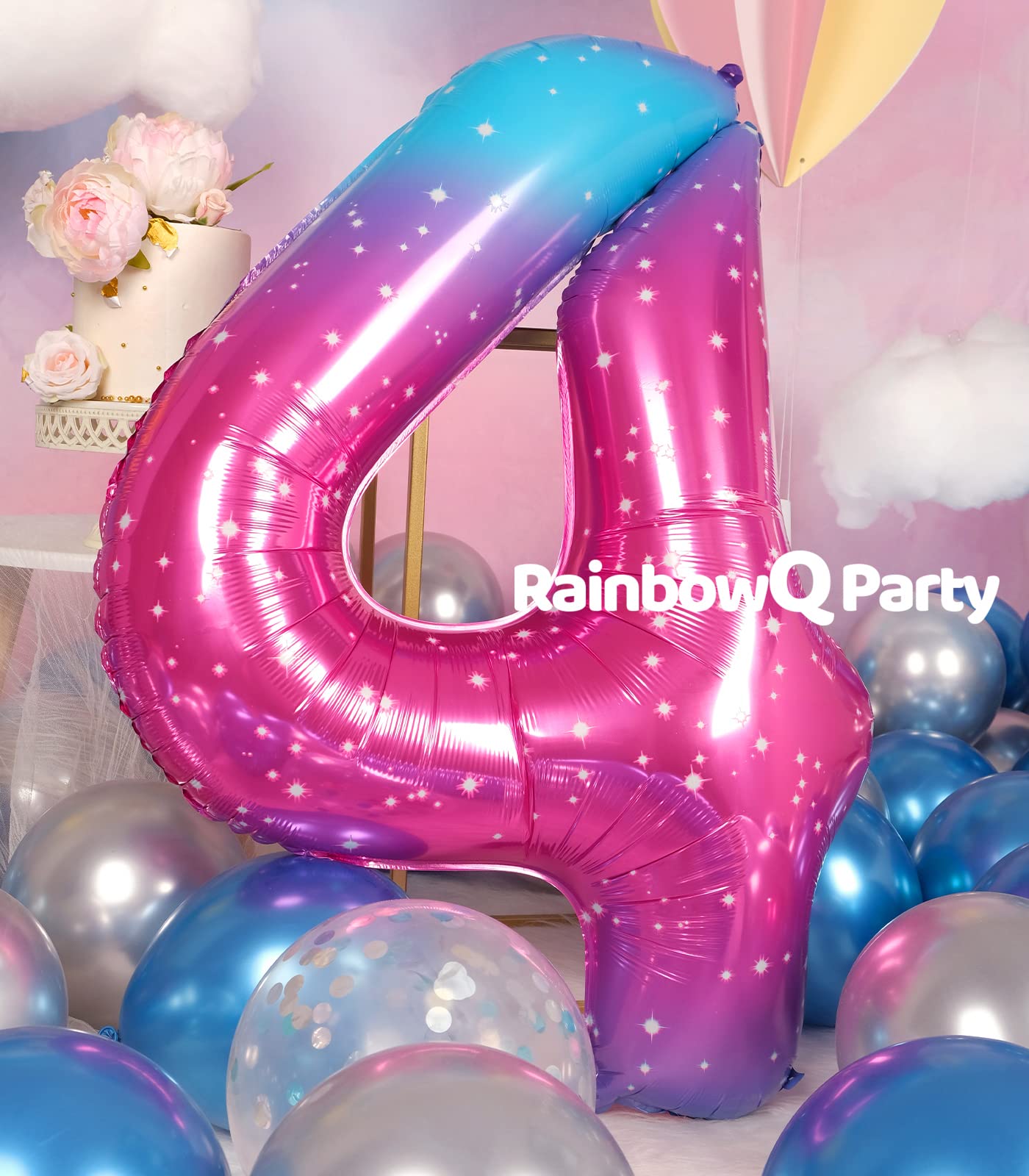 Rainbowq 4 Balloon Number 40 Inch For Boy Or Girl Big Starry 0-9 Foil Mylar Large 4 Number Balloon Happy 4Th Birthday Party Anni