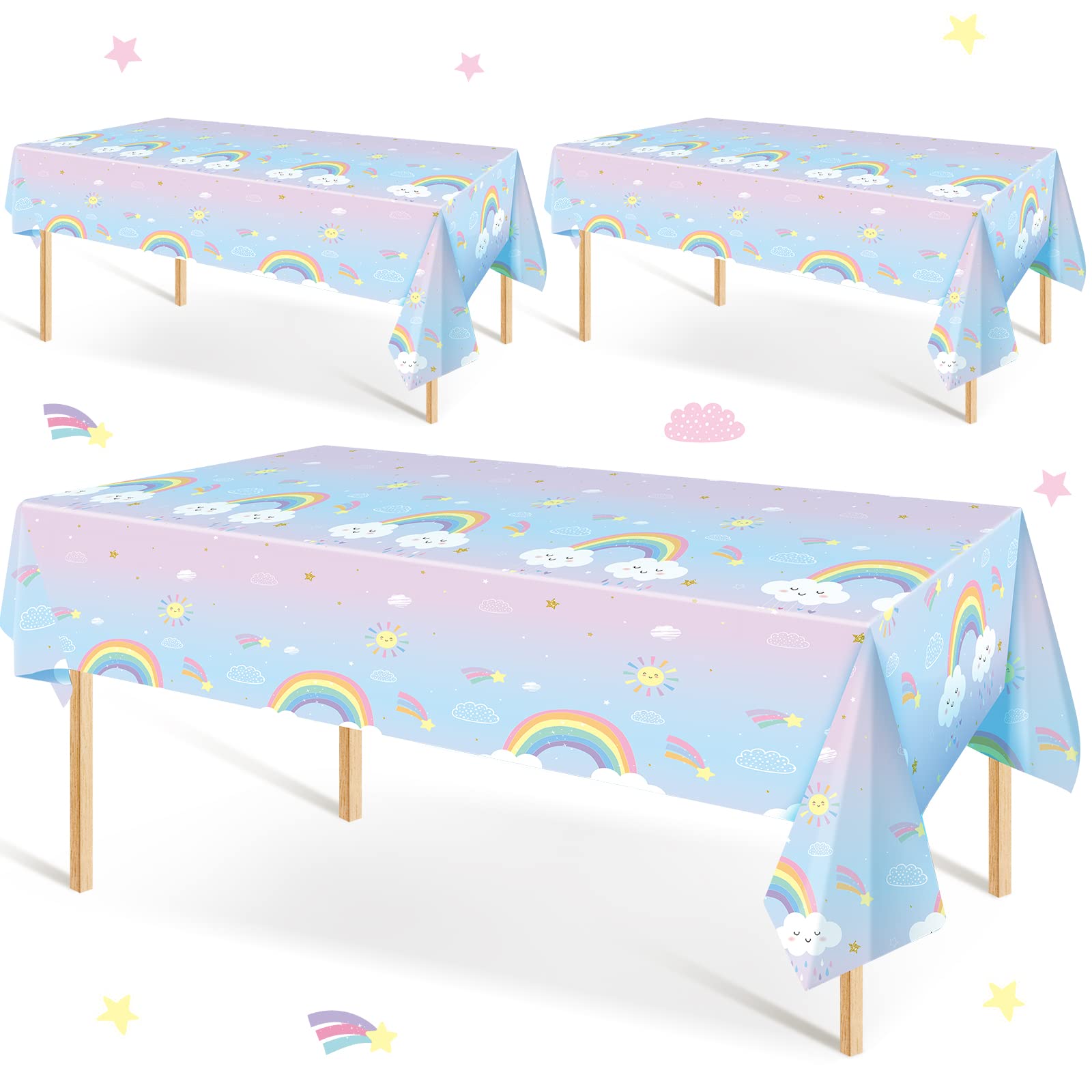 Unittype 3 Pcs Rainbow Table Cloths for Parties Rainbow Tablecloth Waterproof Table Cover Rainbow Clouds Birthday Tablecloth for