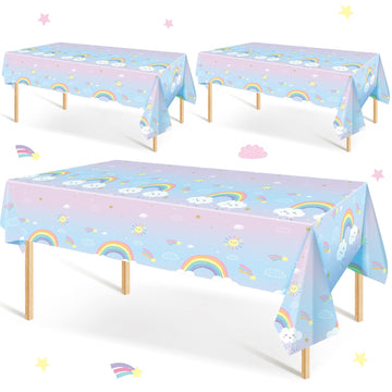 Unittype 3 Pcs Rainbow Table Cloths for Parties Rainbow Tablecloth Waterproof Table Cover Rainbow Clouds Birthday Tablecloth for