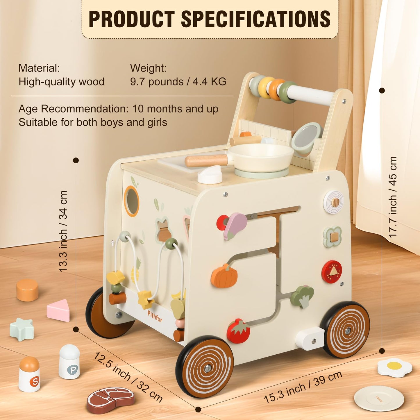 Pithfor Wooden Baby Walker, 3-In-1 Baby Push Walker, With Pretend Kitchen, Montessori Sensory Activity Center, Push Walker Toys