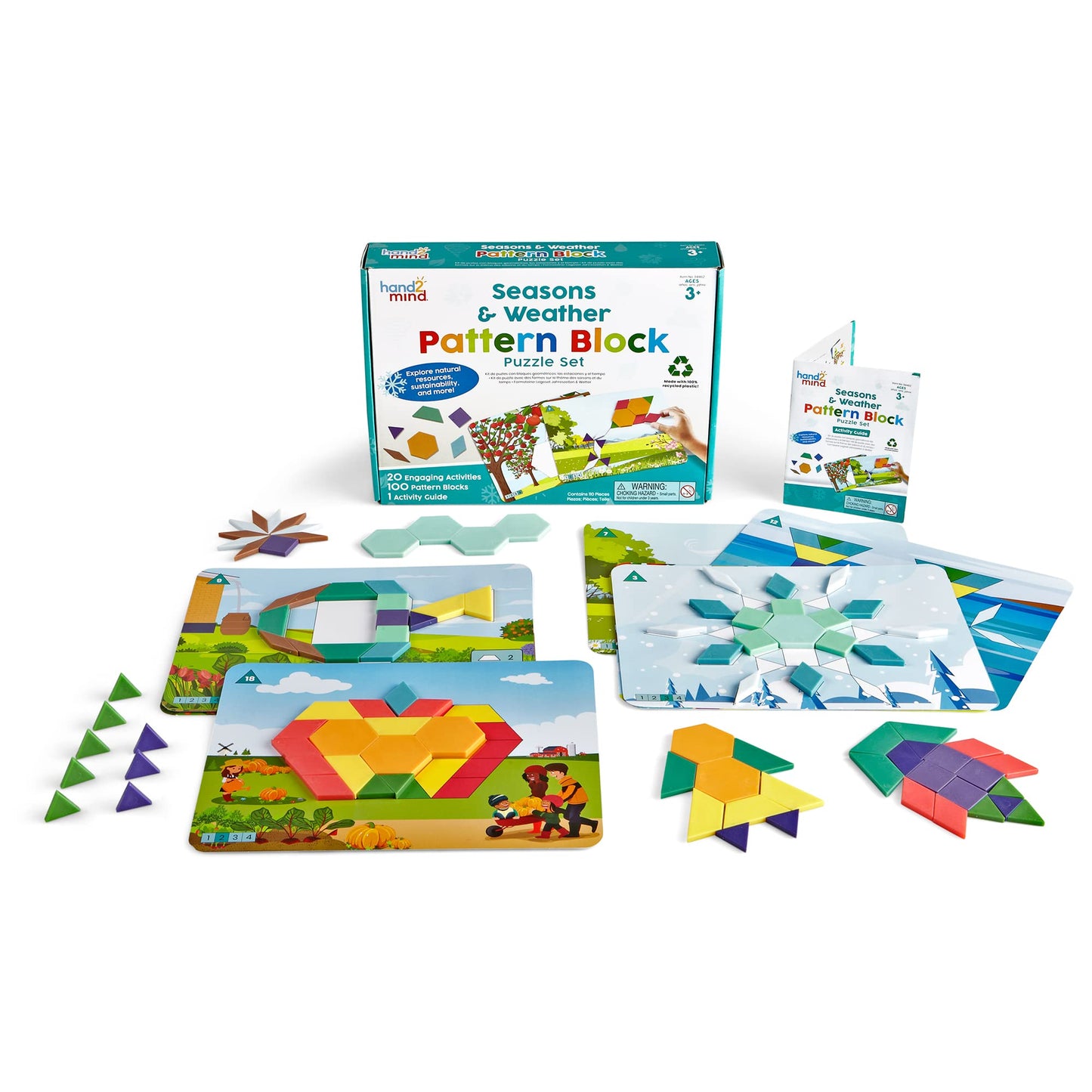 Hand2Mind Seasons And Weather Pattern Block Puzzle Set, Tangram Puzzle, Geometric Shapes For Kids, Pattern Blocks Cards, Pattern Play, Toddler Battern Blocks, Kindergarten Learning Activities