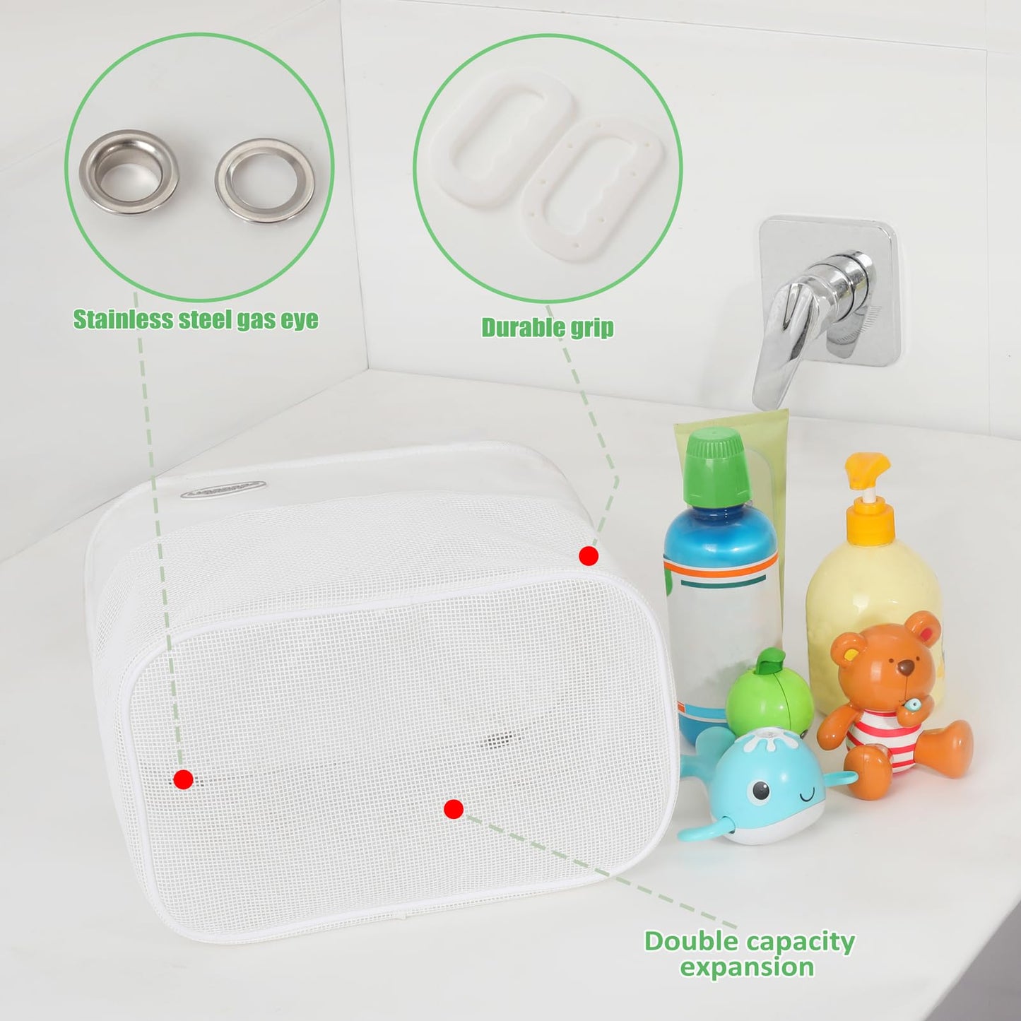 Ligereza Quick Scoop Baby Mesh Bath Toy Storage, 2X Capacity & Large Opening Toy Organizer, Toddler Bath Gift & Bathtub Toy Holder (White)