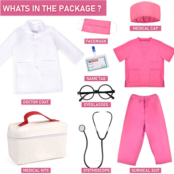 Toylink Doctor Costume For Kids Girls Halloween Doctor Dress Up With Lab Coat Carrying Bag Accessories Pretend Play Kit