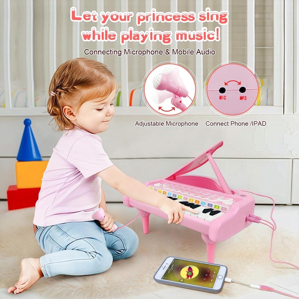 Love&Mini Pink Piano Toys for 1+Years Old Girls First Birthday Gifts Toddler Piano Music Toy Instruments with 24 Keys and Microp