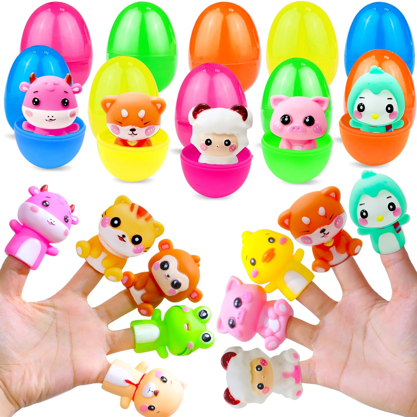 10 Pack Large Prefilled Easter Eggs with Animal Finger Puppets Toys for Kids Toddler, Easter Basket Essential Stuffers Gifts for