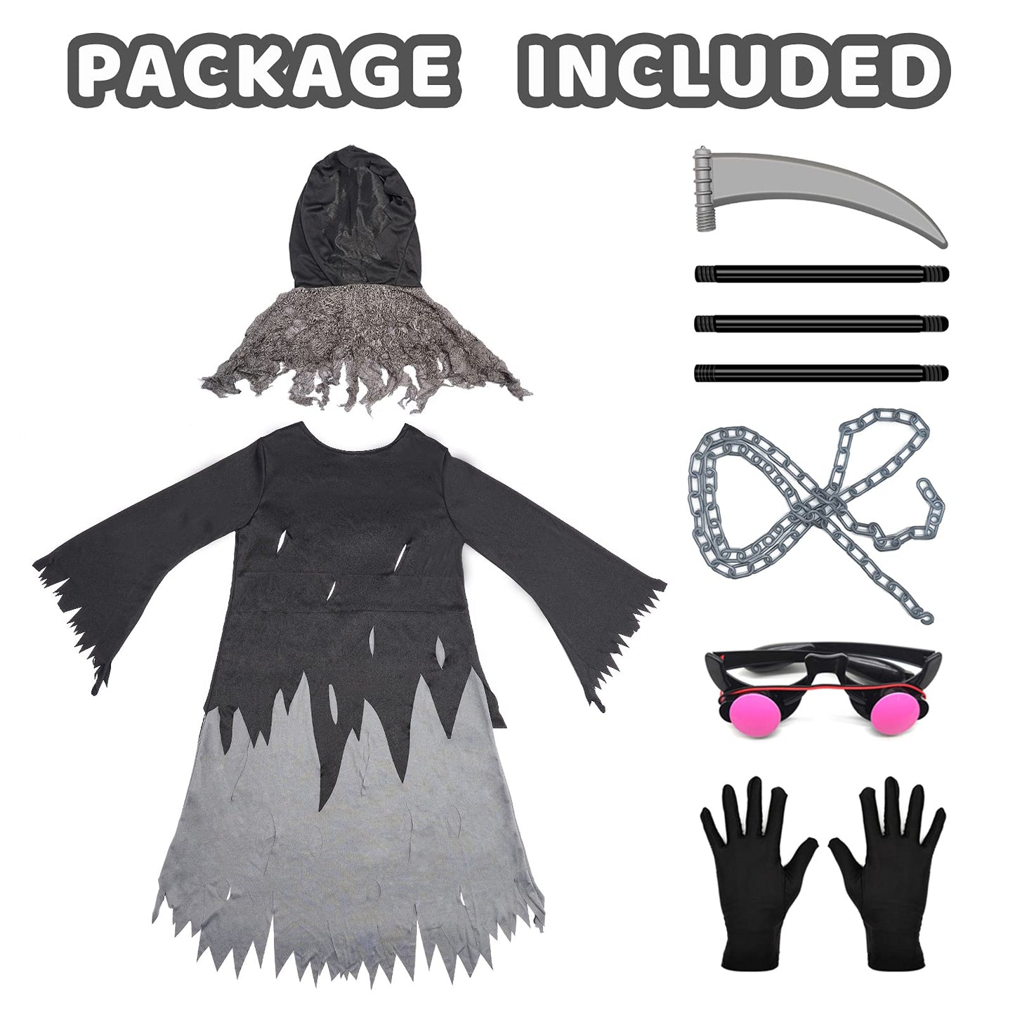 Grim Reaper Halloween Costume With Glowing Red Eyes For Kids, Scythe Included (Gray, X-Large)
