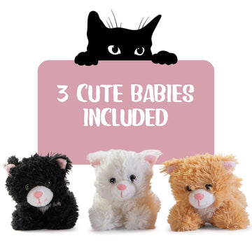 Prextex Plush Cat Toys Stuffed Animal W/ 3 Cats Baby Stuffed Animals - Big Cat Zippers 3 Little Plush Baby Kittens - Cat Plush T