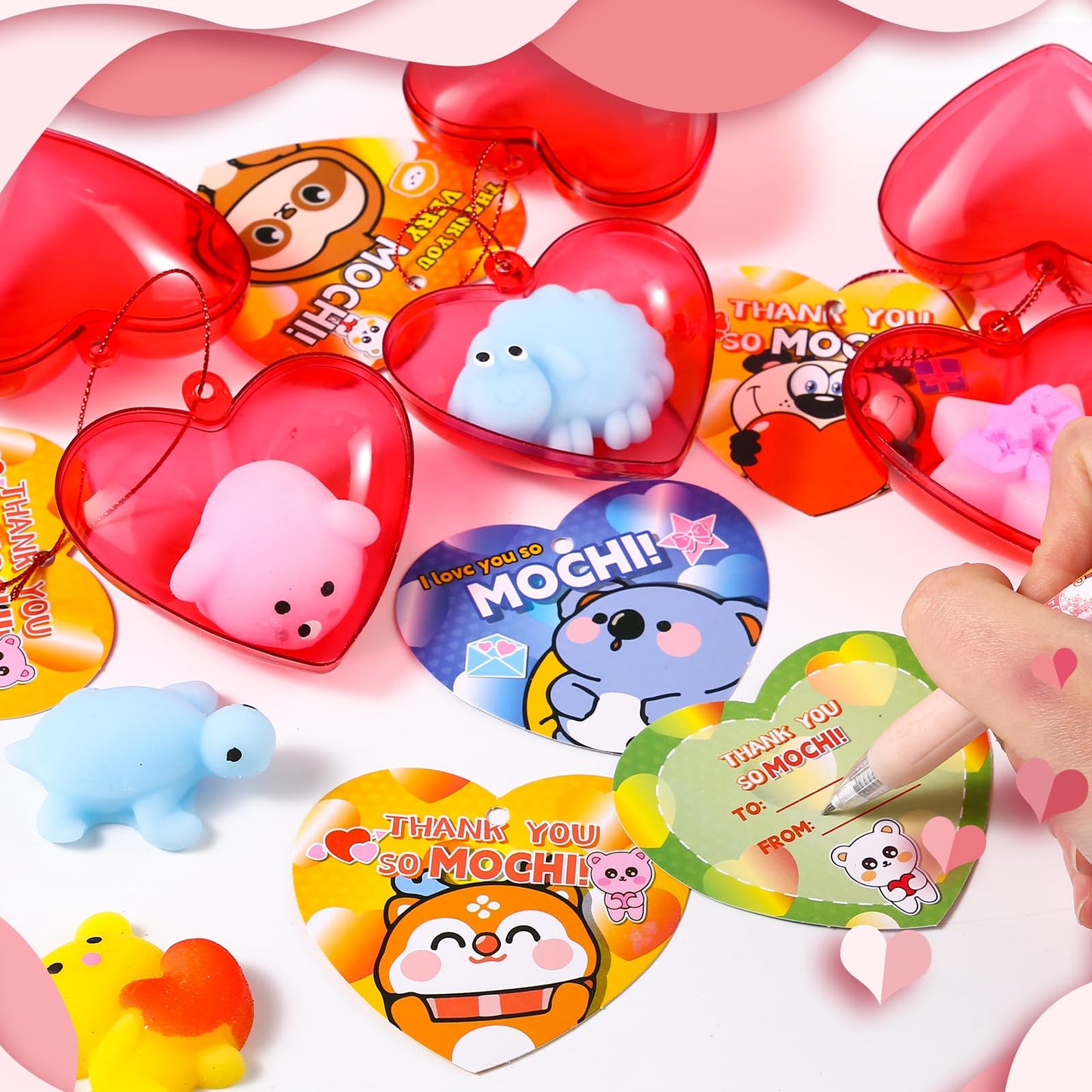 28 Pack Valentines Day Gifts for Kids  Valentine Mochi Squishy Toys Filled Hearts with Valentine Cards for Kids School Classroom Exchange Prizes Valentine Party Favor Toy Exchange Greeting Card