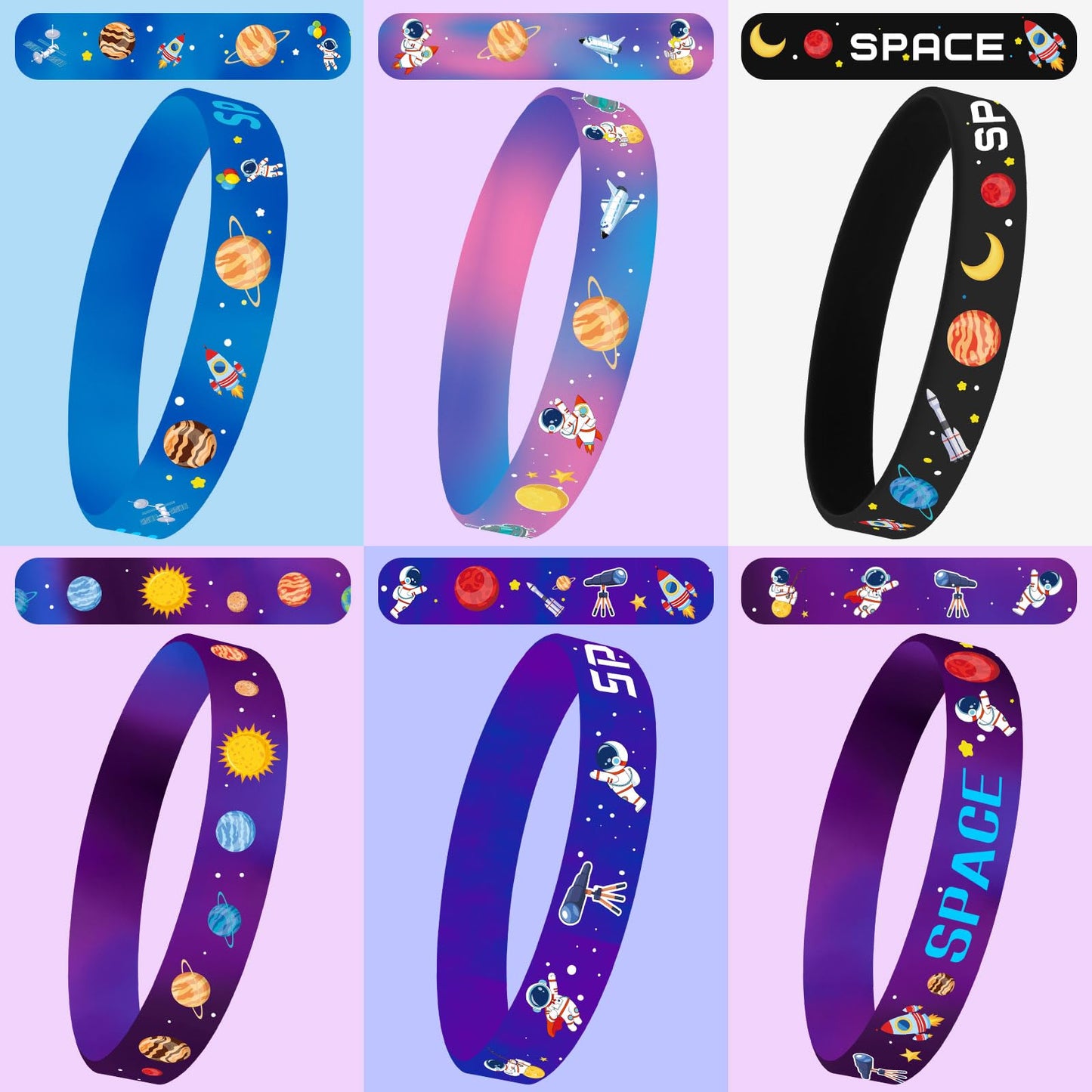 Junebrushs 42Pcs Outer Space Party Favors Silicone Bracelets Galaxy Astronaut Stars Space Rubber Wristbands Accessories For Students Space Themed Birthday Party Favors Decorations Supplies(6 Designs)