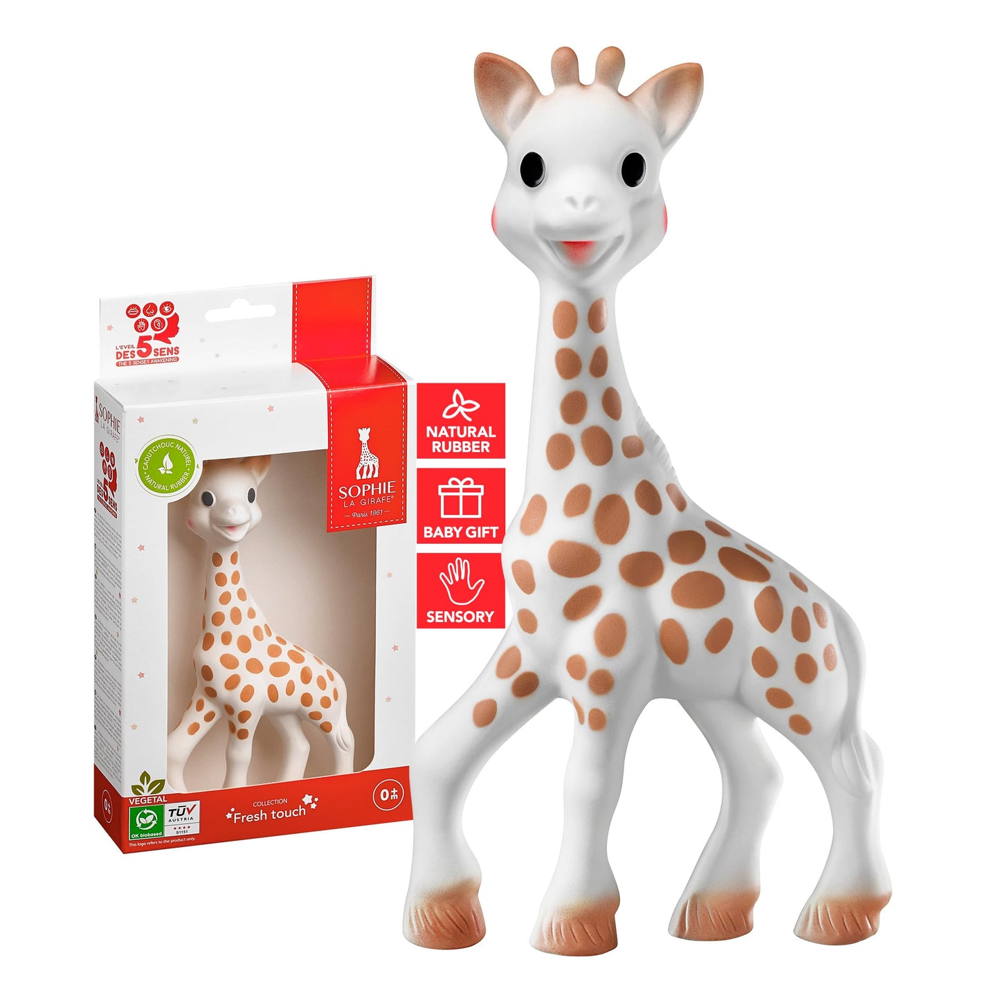 Sophie la girafe Teething Toy - Fresh Touch Natural Rubber, 1 Count, Easy to Clean, Model 101-23, Awaken All 5 Senses