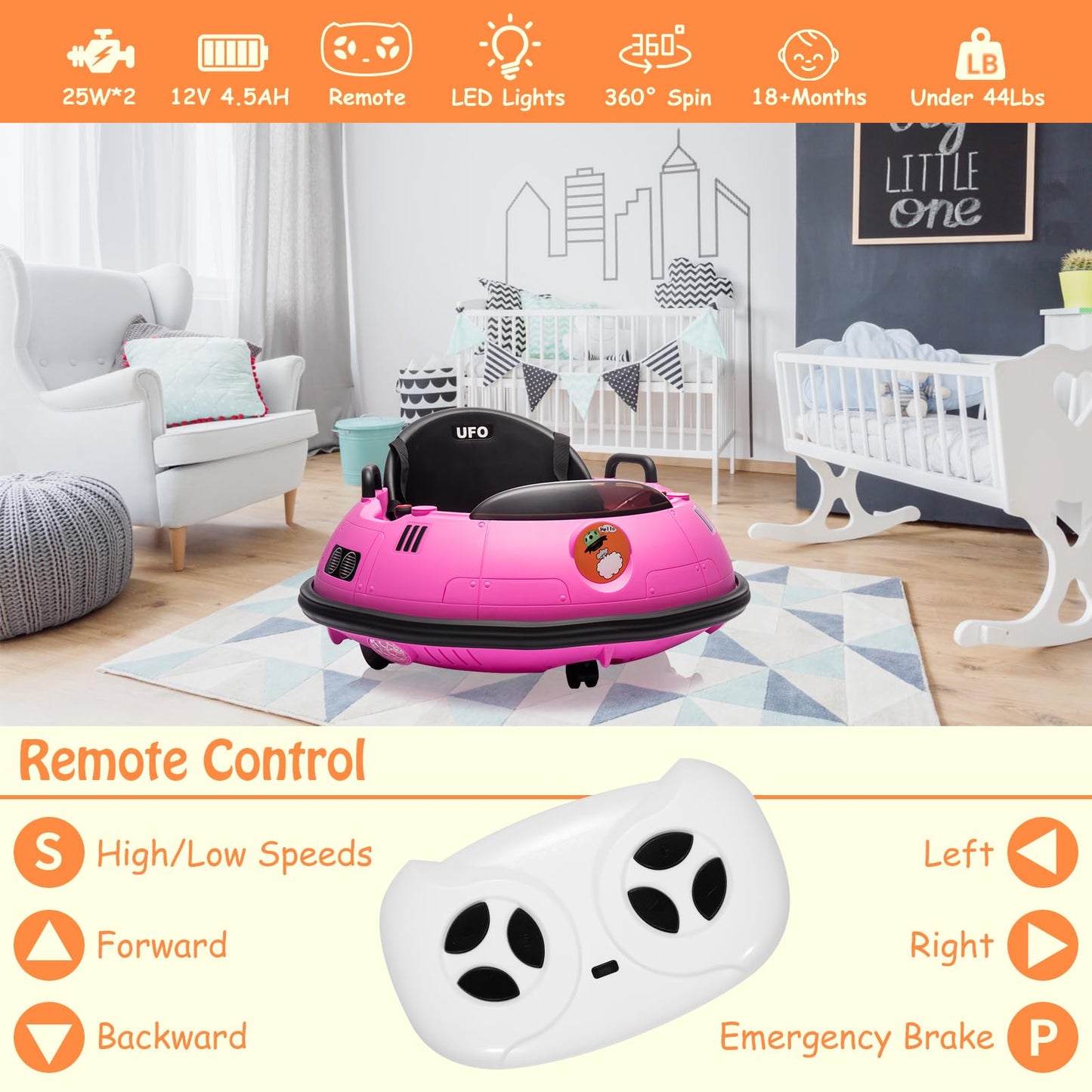 12V Electric Ride On Bumper Car For Toddlers, Kids Bumper Car With Remote Control, 360 Degree Spin, 3 Speed, Led Lights, Dual Jo