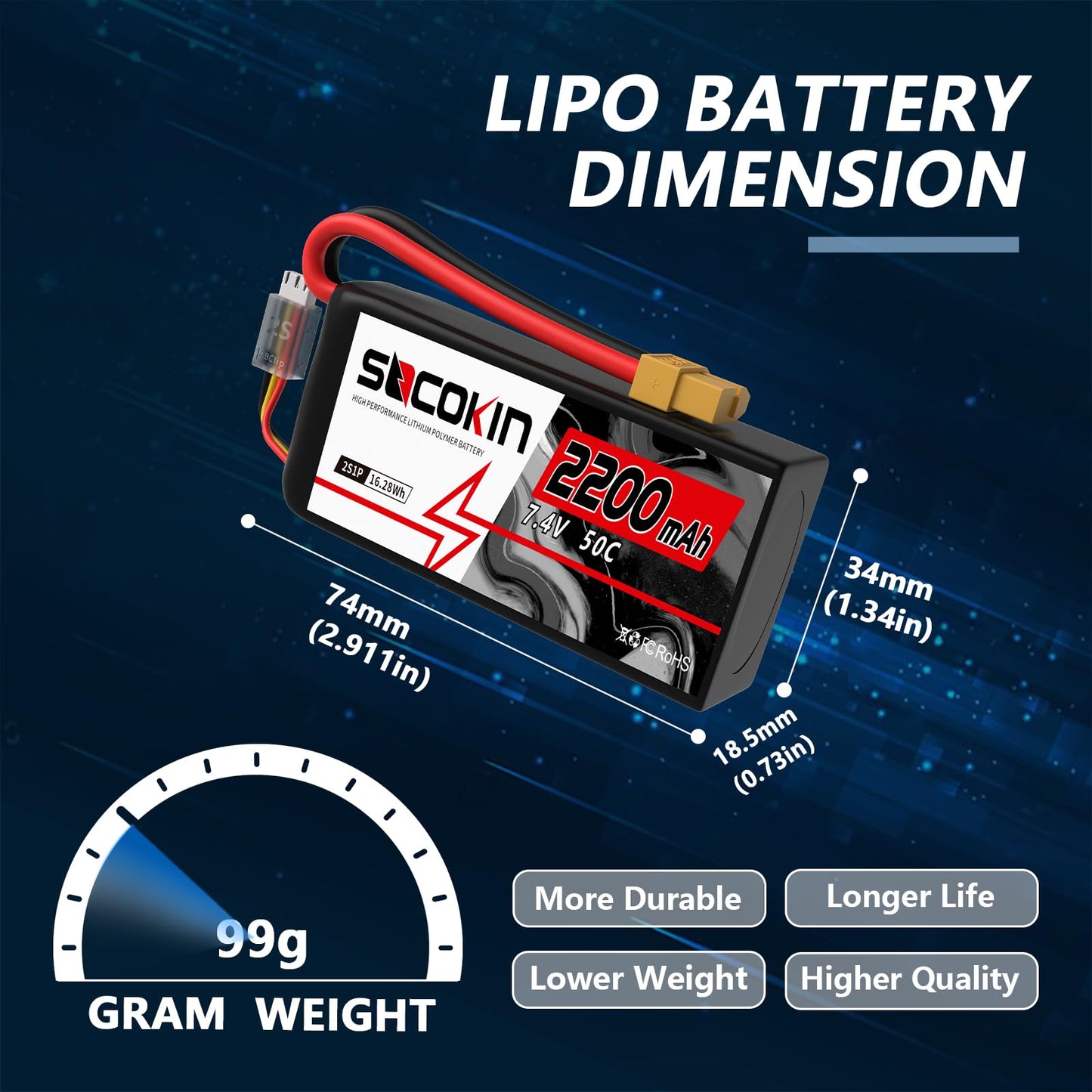 Socokin 2S Lipo Battery 7.4V 2200mAh 50C with XT60 Connector - Soft Case (2 Pack) for RC Cars, Trucks, Drones,