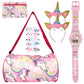 Bellastella 15 Pcs Unicorn Combo Gift Set Featuring 1 Duffel Bag, 1 Pencil Pouch, 10 Hair Clips, 2 Golden Hairbands, And 1 Theme