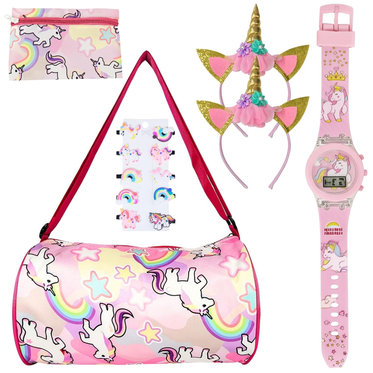 Bellastella 15 Pcs Unicorn Combo Gift Set Featuring 1 Duffel Bag, 1 Pencil Pouch, 10 Hair Clips, 2 Golden Hairbands, And 1 Theme