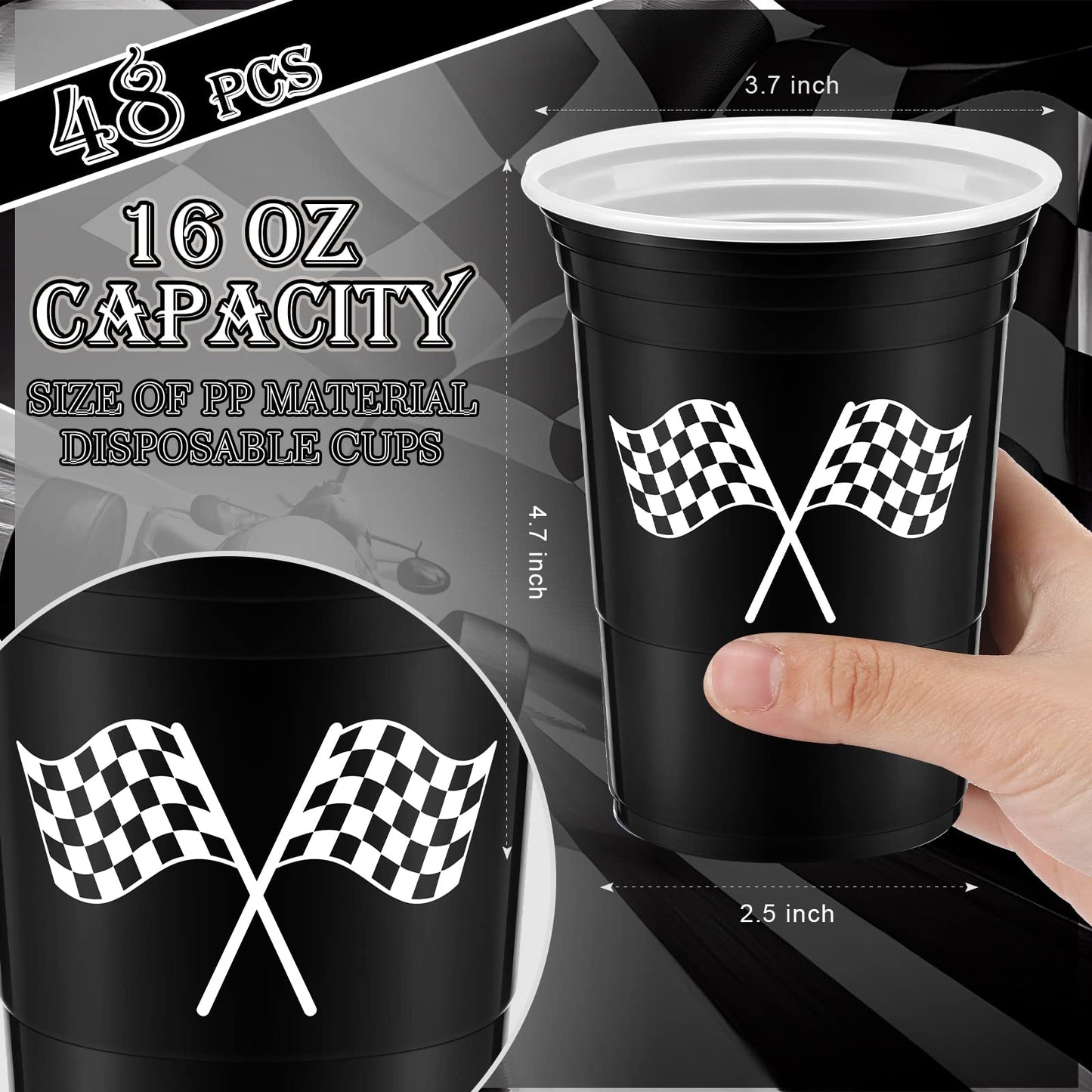 Norme 48 Pcs Checkered Flag Party Supplies Bulk 16 Oz Race Car Cups Thick Plastic Cup For Racing Themed Birthday Party (Checkered Flag)