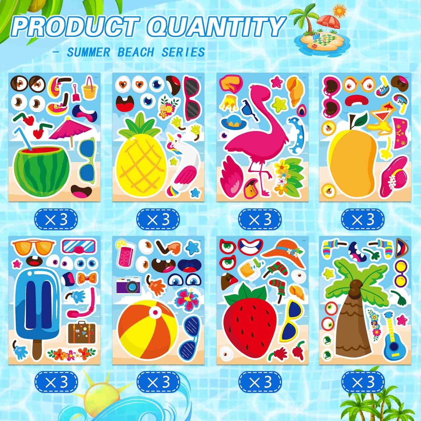 24 Sheets Summer Make A Face Sticker Hawaii Tropical Pool Beach Stickers For Kids, Make Your Own Watermelon Pineapple Flamingo S