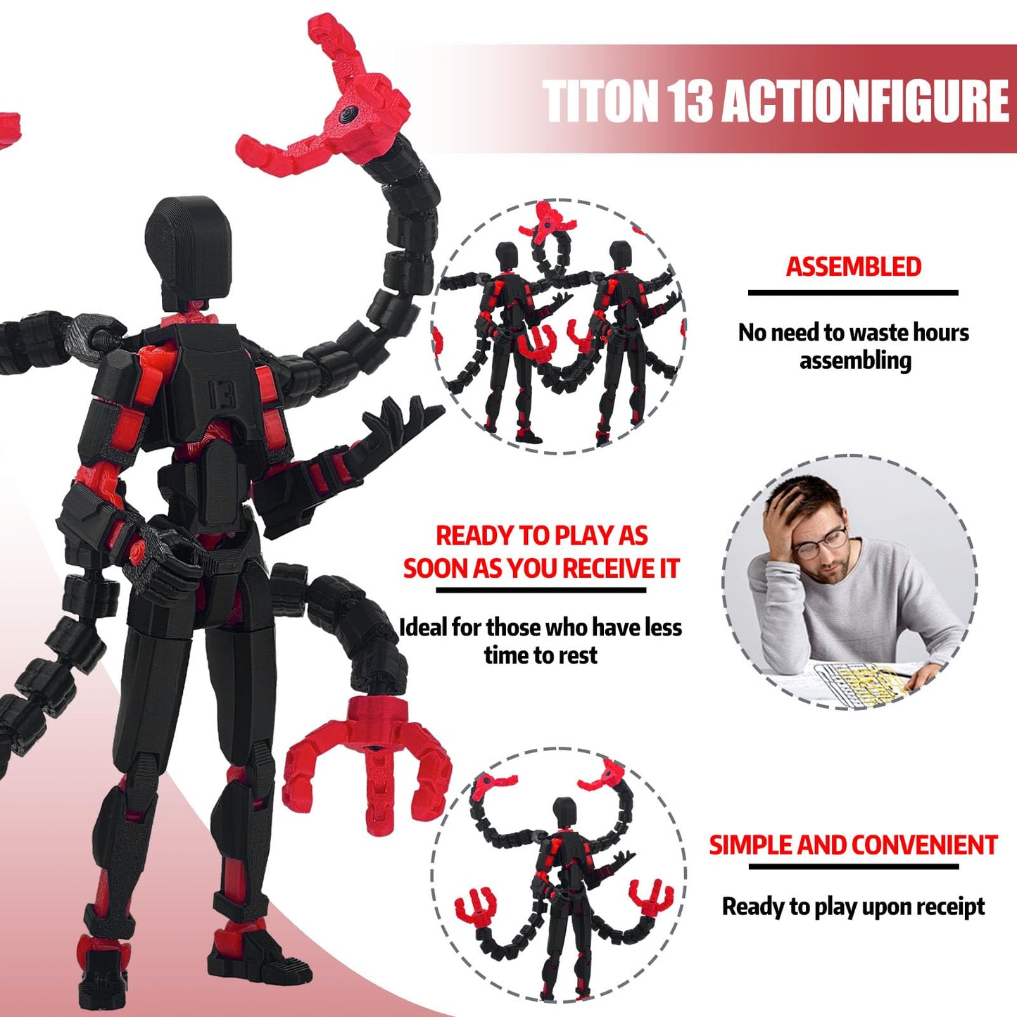 PkghoKids T13 Action Figure - 7.2 Inch Multi-Jointed Movable Toy, Black Red - Assembled Desktop Decoration for Collectors