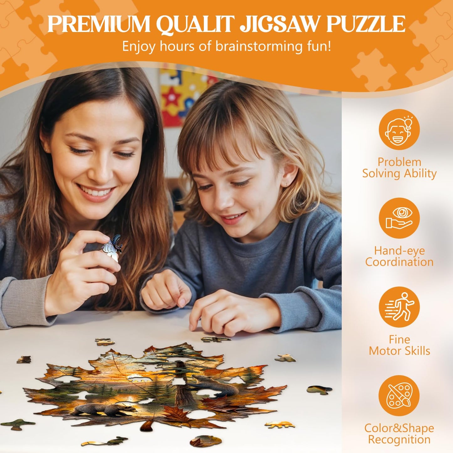 Wooden Puzzles for mature-themeds  Wooden Jigsaw Puzzles for mature-themeds  Brown Bear Autumn Maple Leaf Unique Shaped Wood Puzzles mature-themed  Creative Gifts for Friends Family Game  Home Decor (8.5 * 7.9in 90pcs)