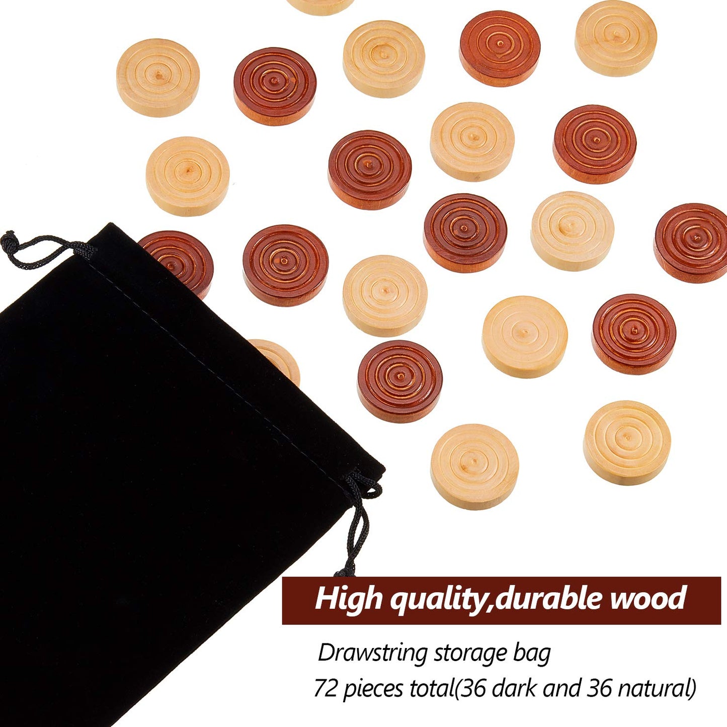 72 Pieces Wood Checkers 1.06 Inch Wooden Checkers Pieces Set with Stackable Ridge in Drawstring Storage Pouch for Board Game  Dark Brown and Natural