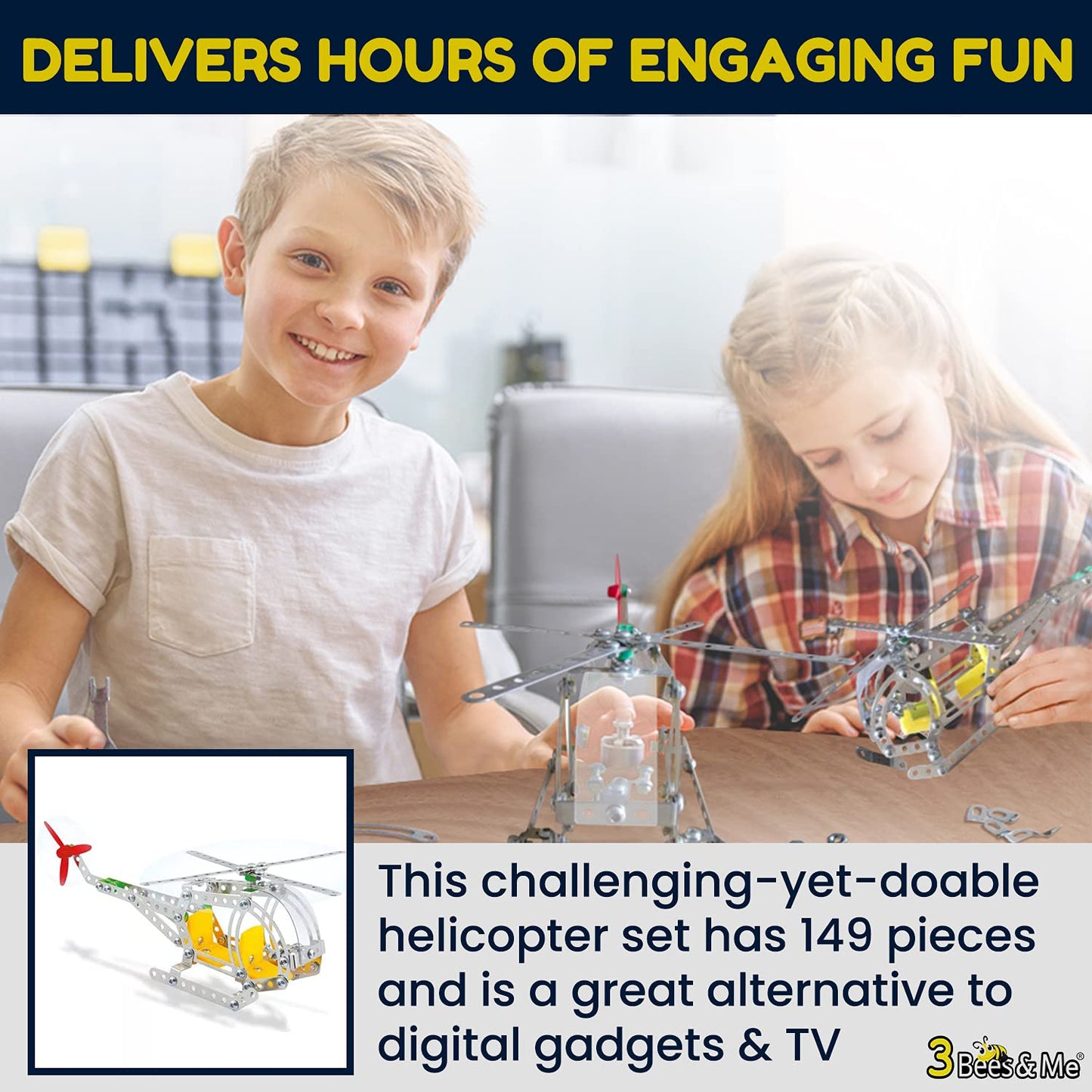 3 Bees & Me Metal Helicopter Erector Set | STEM Building Kit for Ages 8+ | Educational Gift | Multicolor