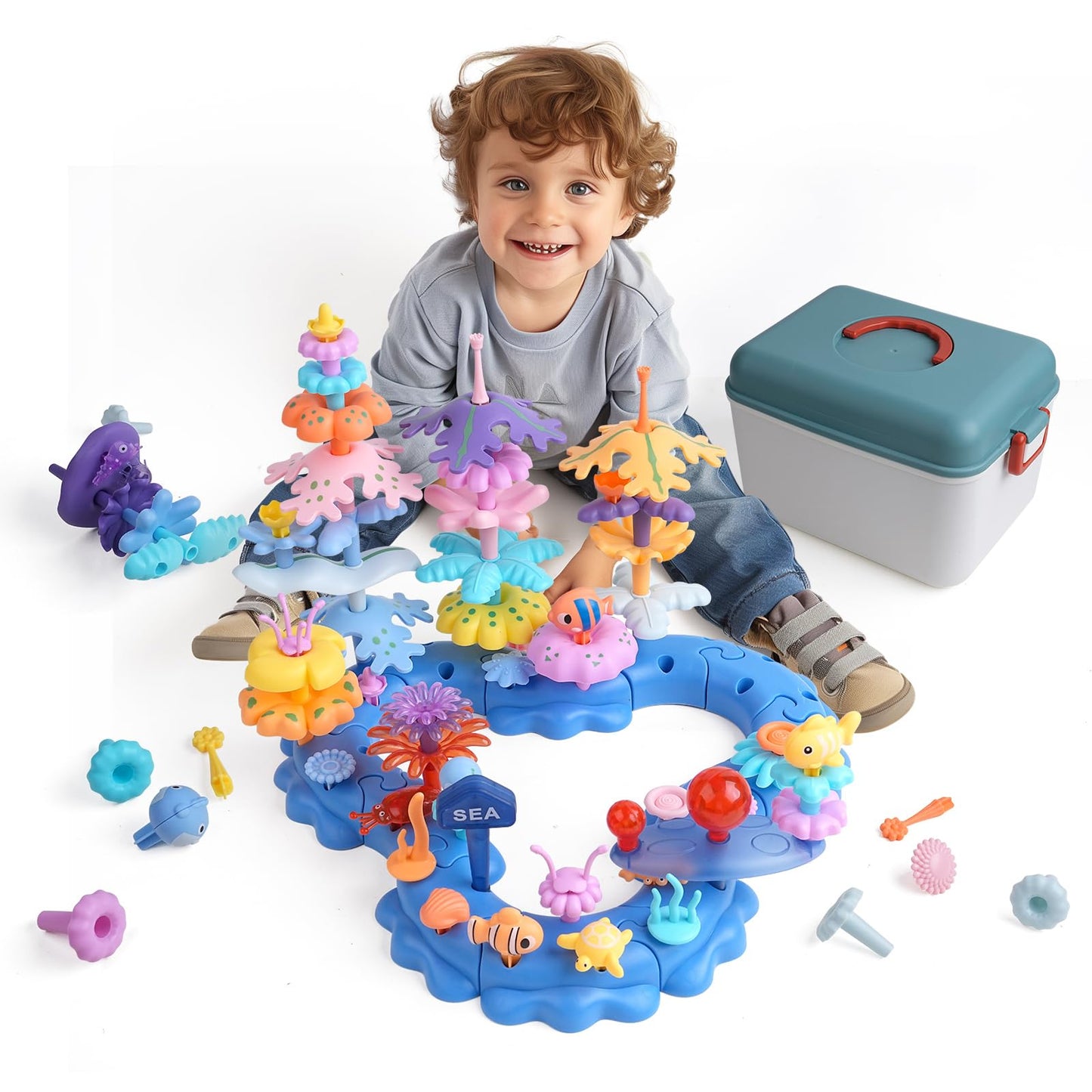 Wulumu 96PCS Ocean Adventures DIY Building Stacking Toys Set Educational STEM Toy Gift for Kids with Organiser Box Fun Cognitive Learning Toys for Girls/Boys Toddler Beach Toy