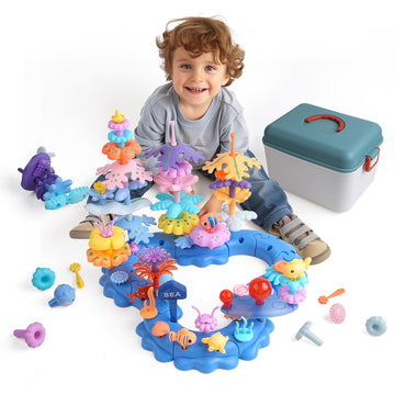Wulumu 96PCS Ocean Adventures DIY Building Stacking Toys Set Educational STEM Toy Gift for Kids with Organiser Box Fun Cognitive Learning Toys for Girls/Boys Toddler Beach Toy