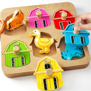 Wooden Puzzles For Toddlers 1-3 : Farm Animal Peg Puzzles, Preschool Learning Activities, Toddler Toys Age 1-2, Montessori Toys For 1 2 Year Old Boy Girl Christmas Birthday Gift