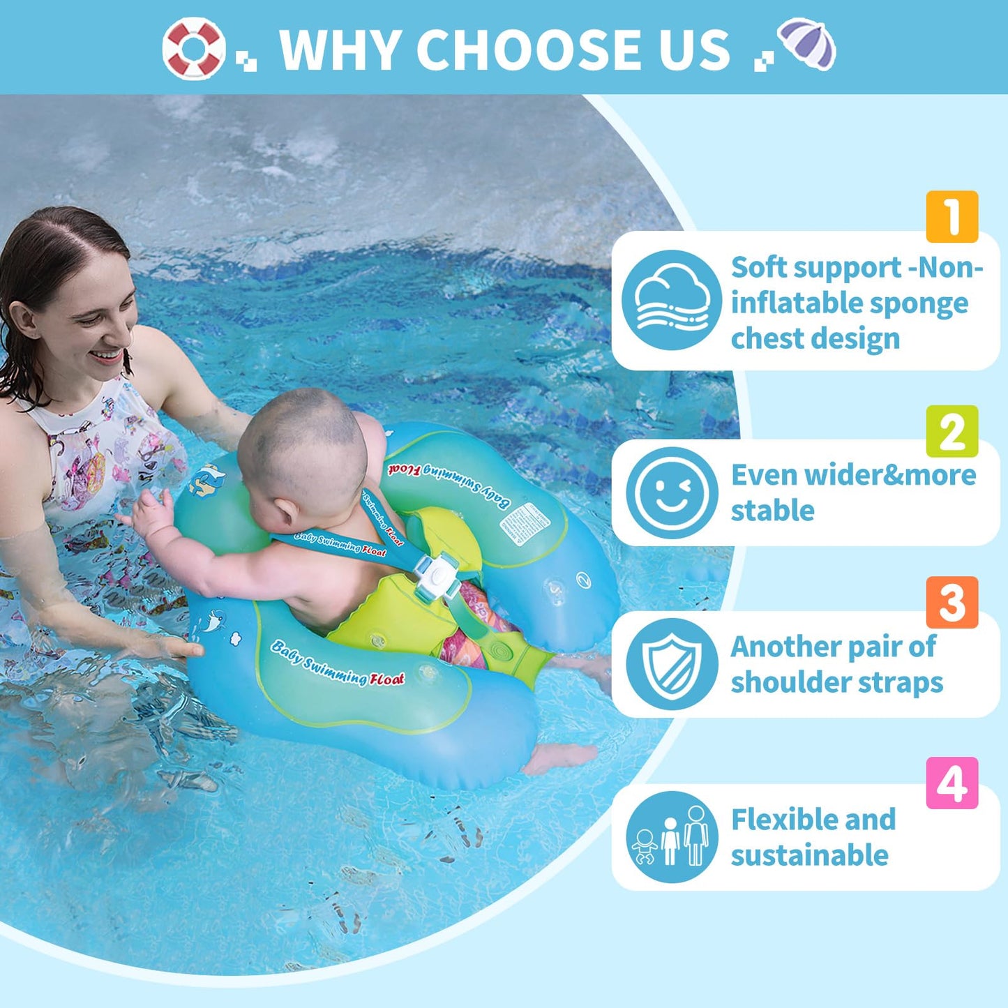 Free Swimming Baby Inflatable Swim Float with Sun Canopy, Small, Blue, PVC, Model 6013, for Ages 3-36 Months