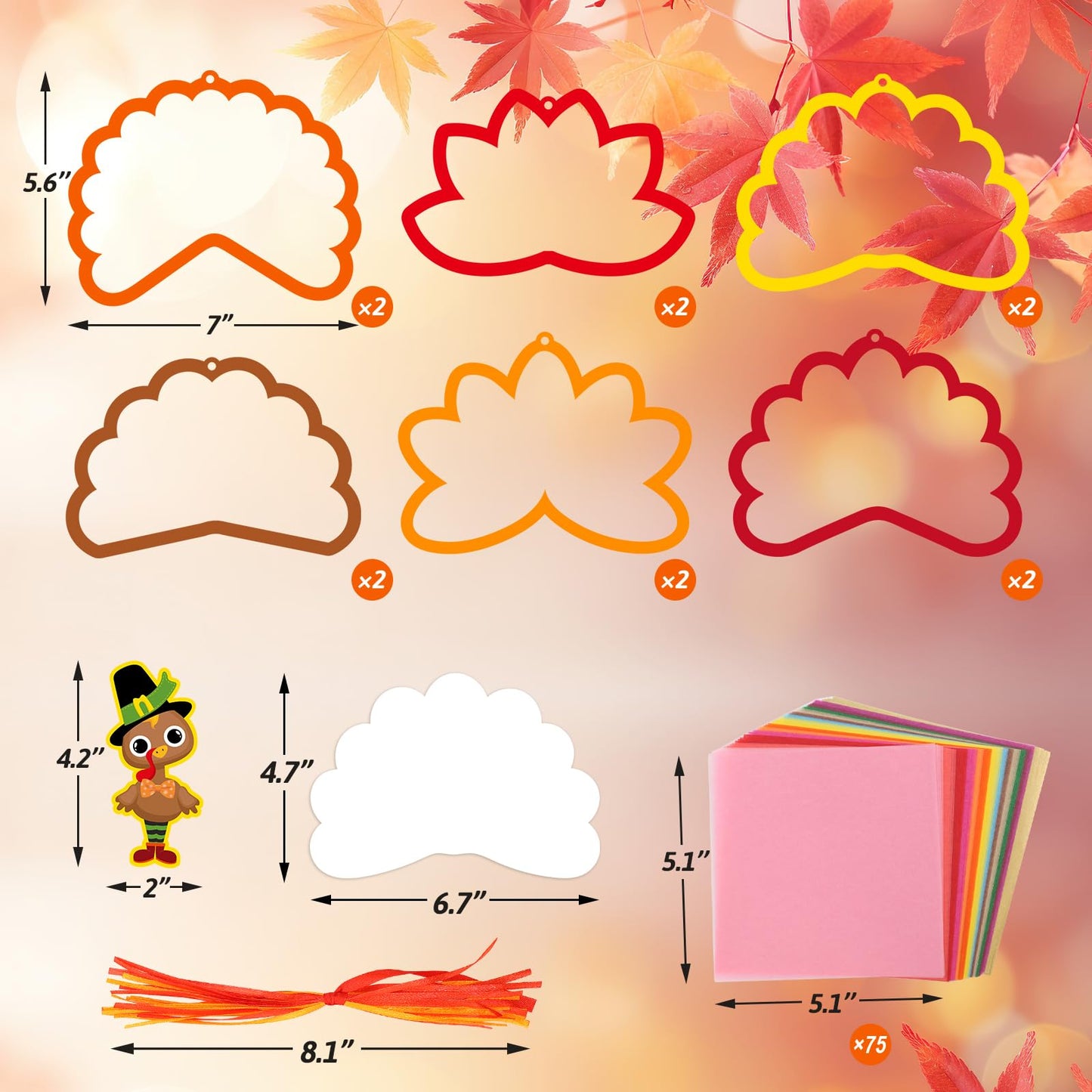 Ceiba Tree 24Pcs Thanksgiving Suncatcher Crafts for Kids Turkey Fall Craft with Turkey Cutouts and Tissue Paper Autumn DIY Windo
