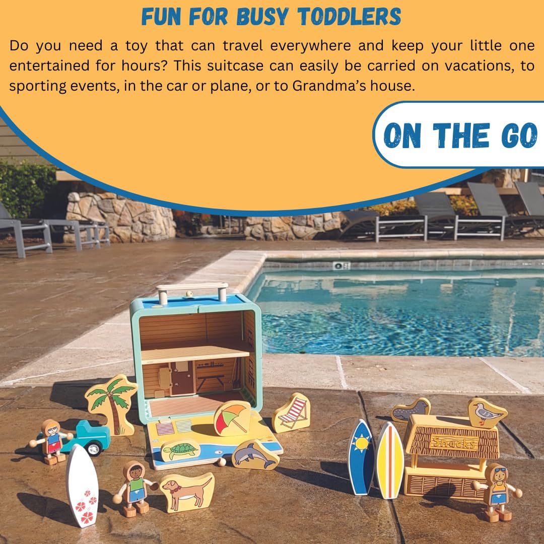 Jack Rabbit Creations Suitcase Playset (Surf Shack Design) 17 Piece Set - Portable Play Toys - Includes Surf Kids, Surfboards, S