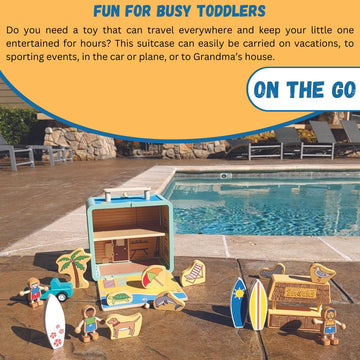 Jack Rabbit Creations Suitcase Playset (Surf Shack Design) 17 Piece Set - Portable Play Toys - Includes Surf Kids, Surfboards, S