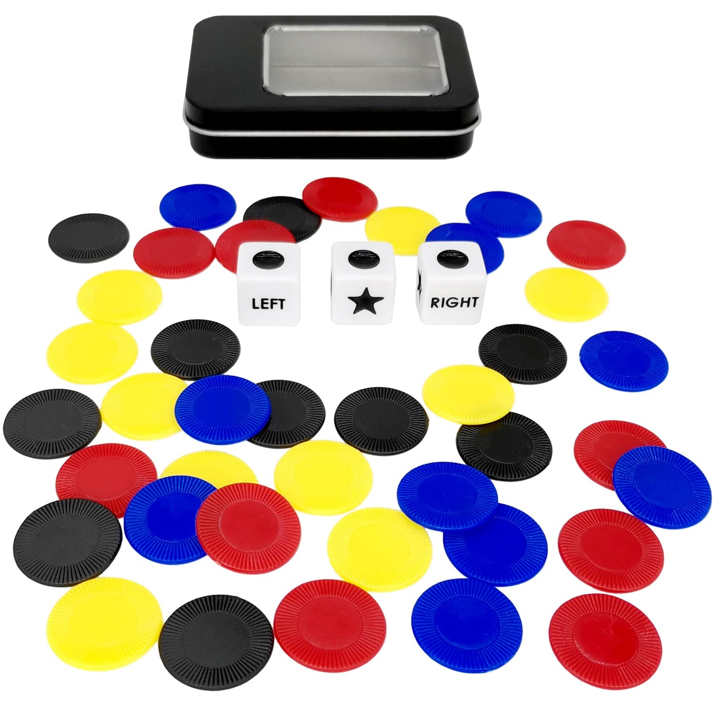 Ahoper Left Right Center Dice Game Prime Set With 3 Dices + 40 Chips.Left On The Product Means Pass 1 Chip To The Left, Right On The Product Means Pass 1 Chip To The Right.(4 Mixed Colors)