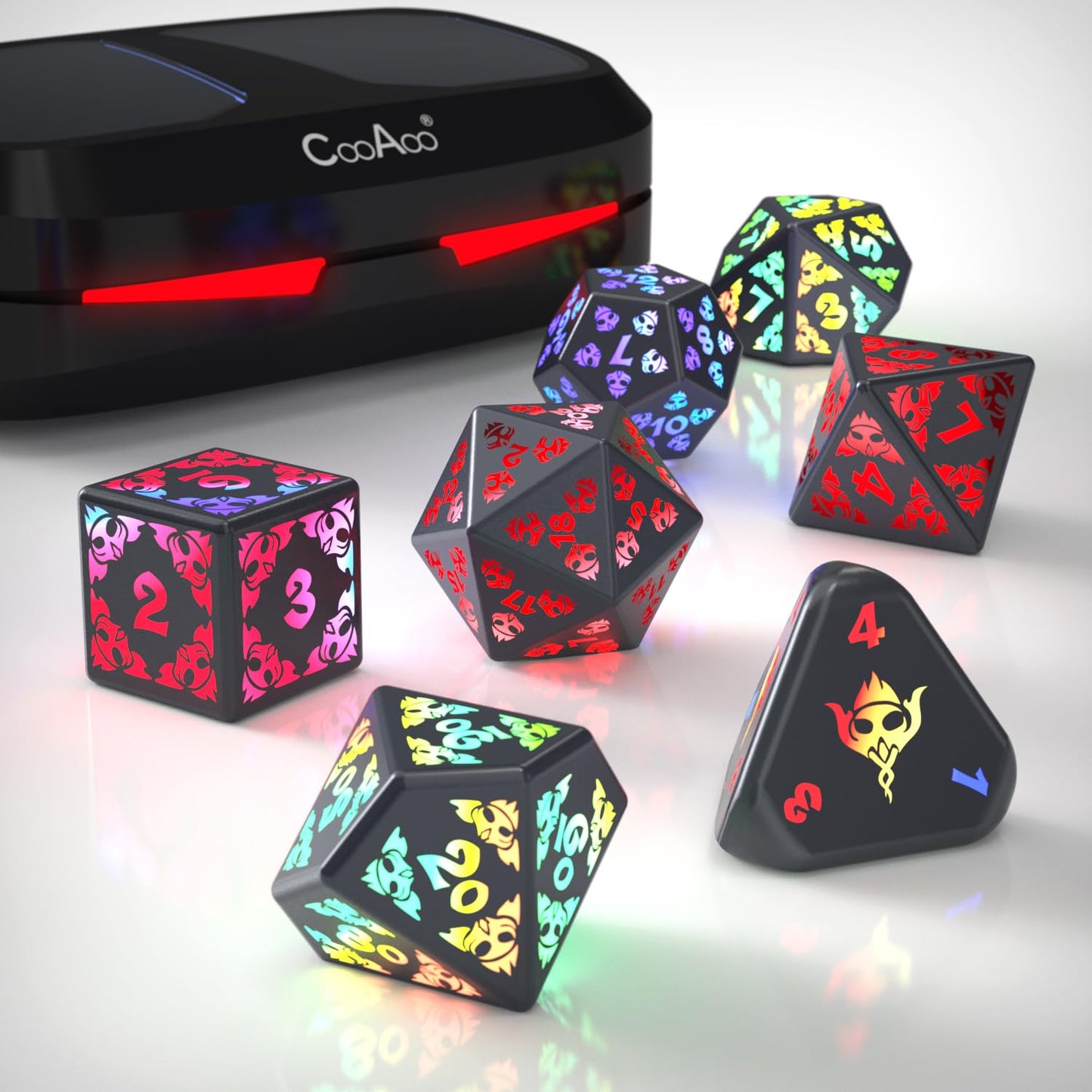 CooAoo Light Up DND Dice Set, Wireless Rechargeable Glowing Dice with Charging Box, 7 PCS Electronic Dice Set, LED RGB Polyhedra