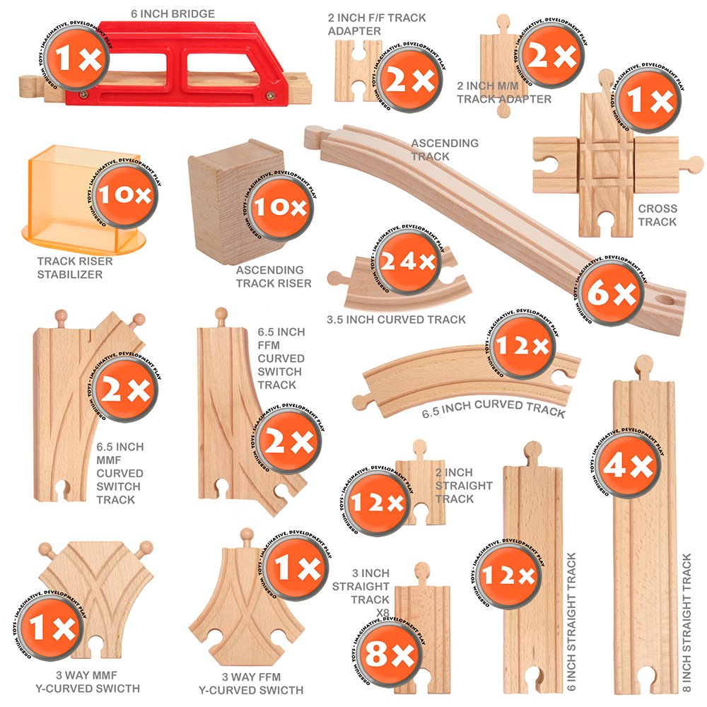 Orbrium Wooden Train Track Expansion Pack - 110 Pcs Compatible with Thomas & Brio, Wood Material, Model ORB-EXP-P-110