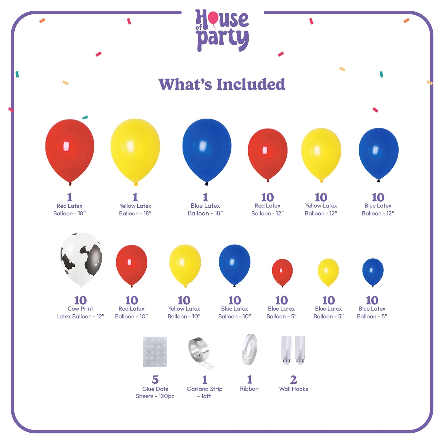 House Of Party Woody Balloon Arch - 110 Pcs Toy Inspired Story Balloons With Red, Yellow, Blue & Cow Print Balloons For Birthday