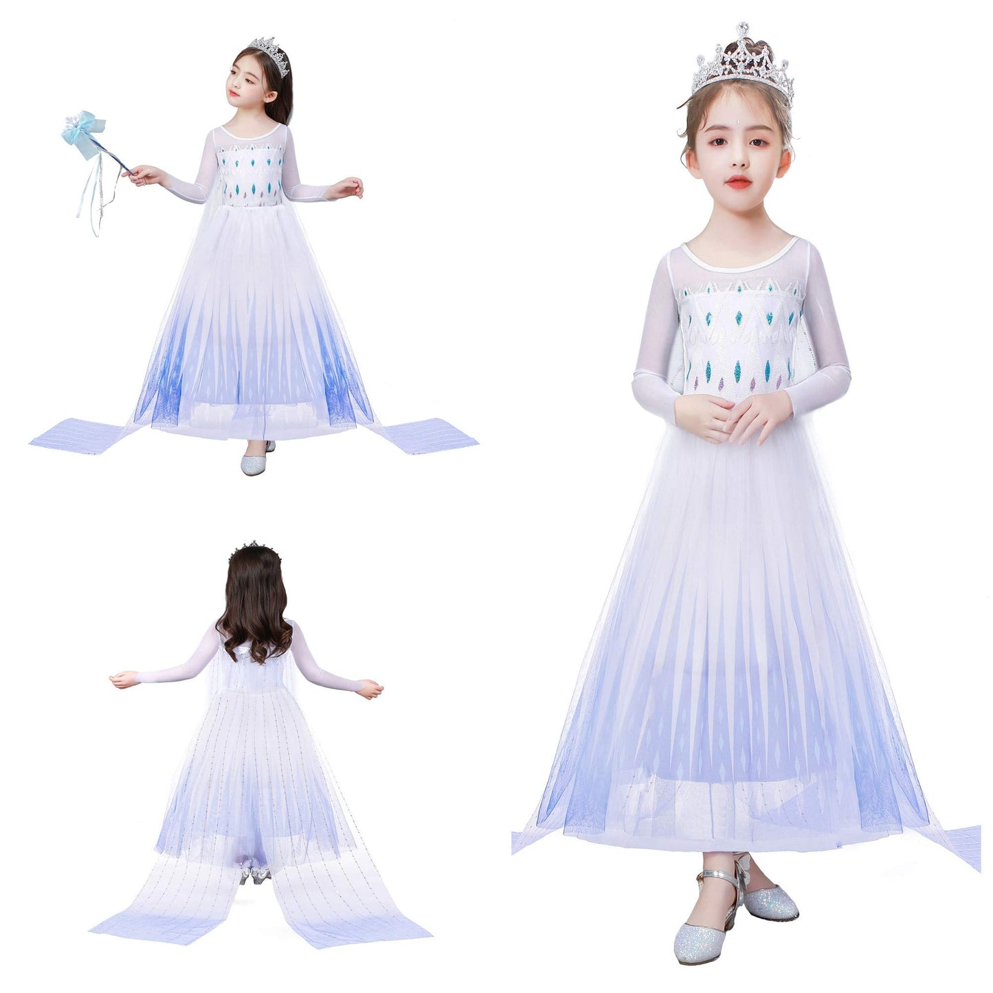 Bankids Snow Queen Act 2 Costumes Princess Dresses For Girls With Wig,Crown,Magic Wand,Gloves Accessories 7-8 Years(140,K11)