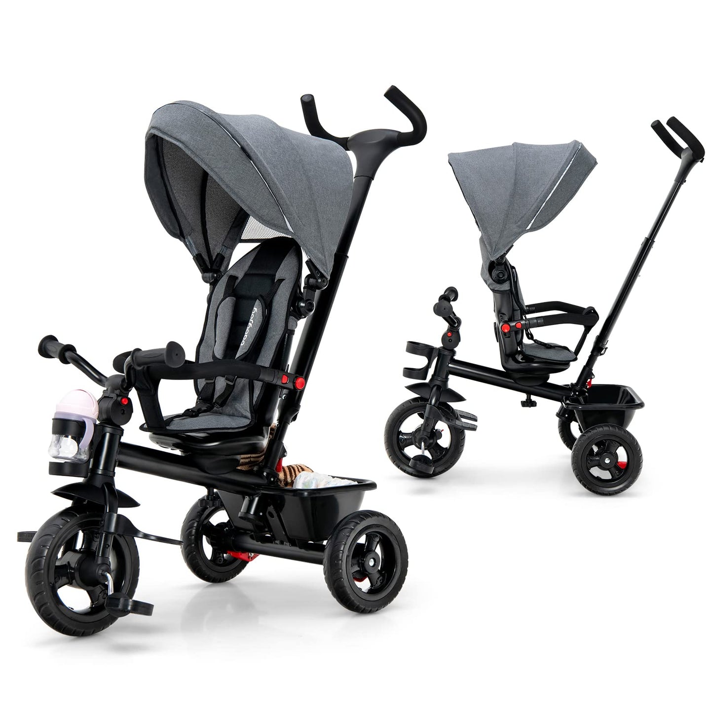 BABY JOY Tricycle, 5 in 1 Toddler Bike W/Removable Push Handle, Reversible Seat, EVA Wheel, Adjustable Canopy, Cup Holder & Stor