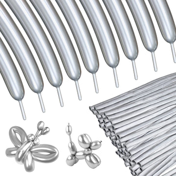 Silver Metallic 260Q Long Balloons 100 Pack Silver Modeling Long Magic Balloons Shiny Latex Diy Animal Balloon For Birthday Wedd