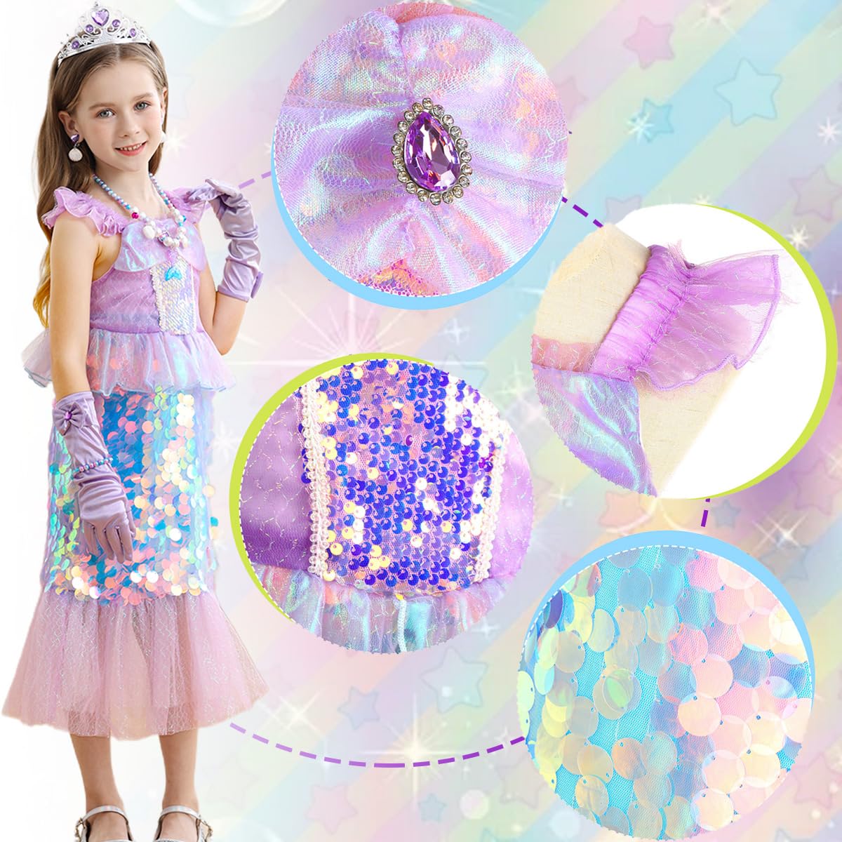 Luzlen Little Girls Mermaid Princess Costume Sequins Party Dress For Toddler Kids Baby Halloween Dress Up With Accessories, Purple, 7-8 Years(Tag 150)