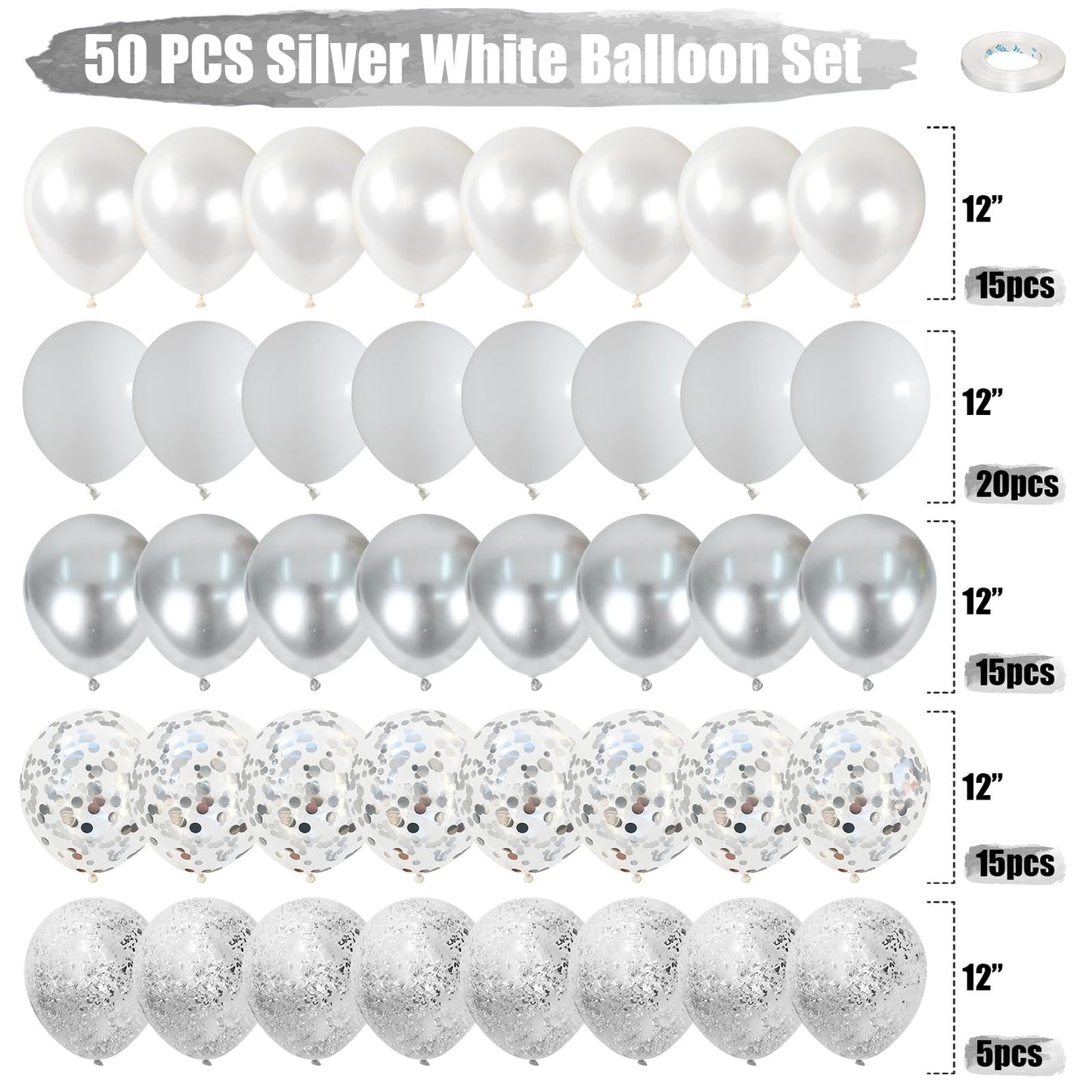 White And Silver Balloons, 60 Pcs Silver And White Balloons Set With Chrome Silver Confetti Metallic Silver Balloons, Globos Pla
