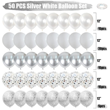 White And Silver Balloons, 60 Pcs Silver And White Balloons Set With Chrome Silver Confetti Metallic Silver Balloons, Globos Pla