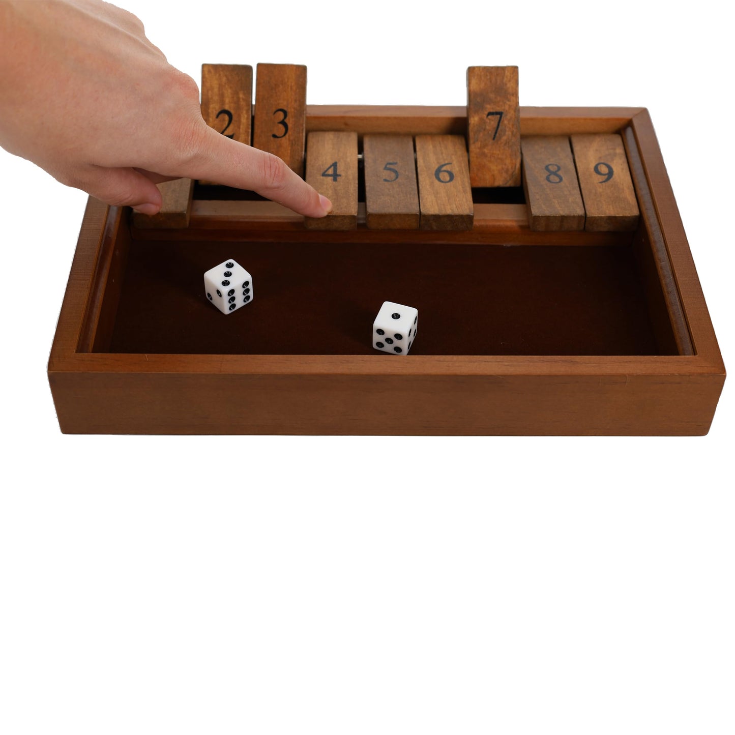 WE Games Shut the Box Game Wooden - 9 Number Flip Tiles with Dark Stained Wooden Box  Board Game for Game Night  Math Games  Clackers  Family Games  mature-themed Dice Games  Board Games for mature-themeds  11 inches