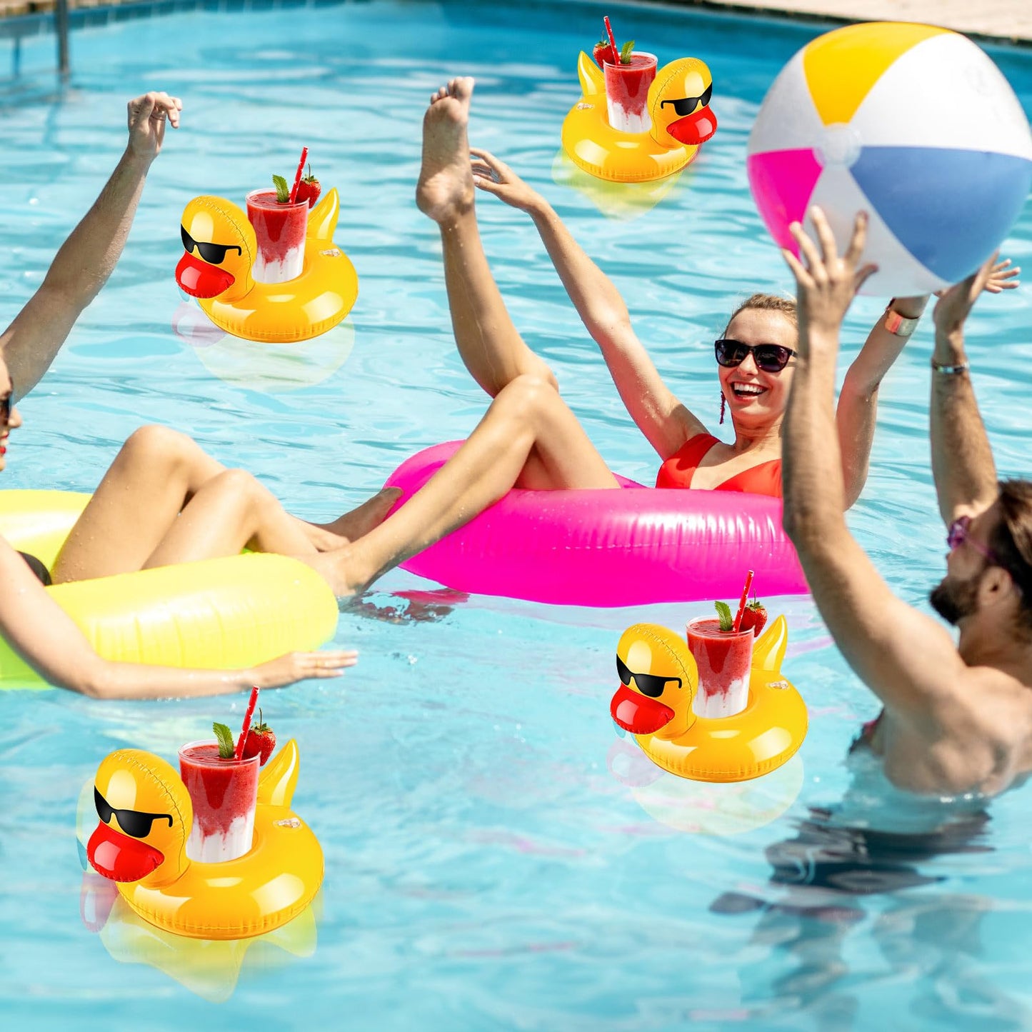 Deekin Inflatable Duck Drink Floats - 50 Pcs Reusable Pool Cup Holders, PVC, 9.45x8.66", Cute Design for Summer Parties