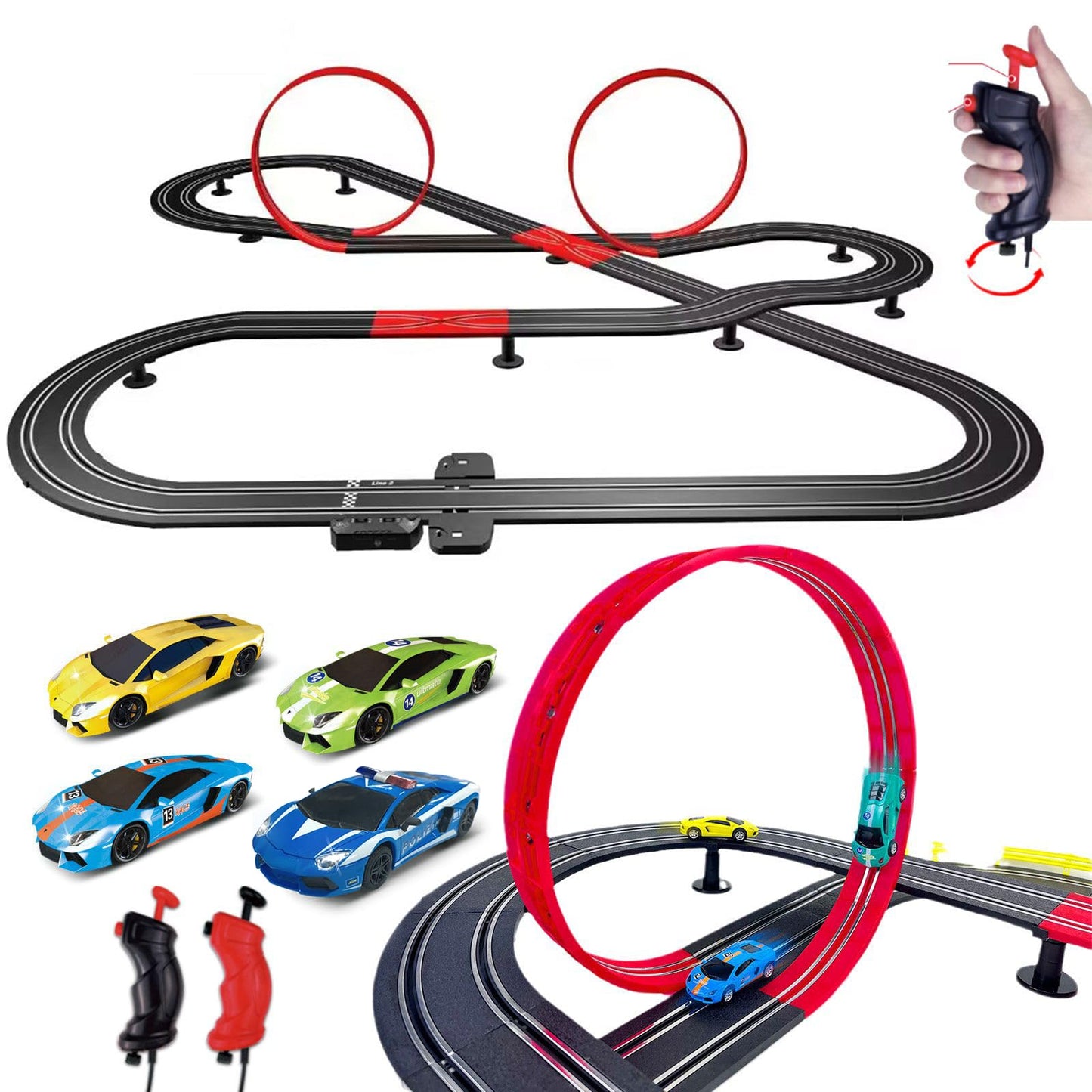 Gincho High Speed Series Tram Dual Track Set, 4.1M Electric Track With 3 Vehicles Slot Car Racing, Comes With 2 Hand Controls An