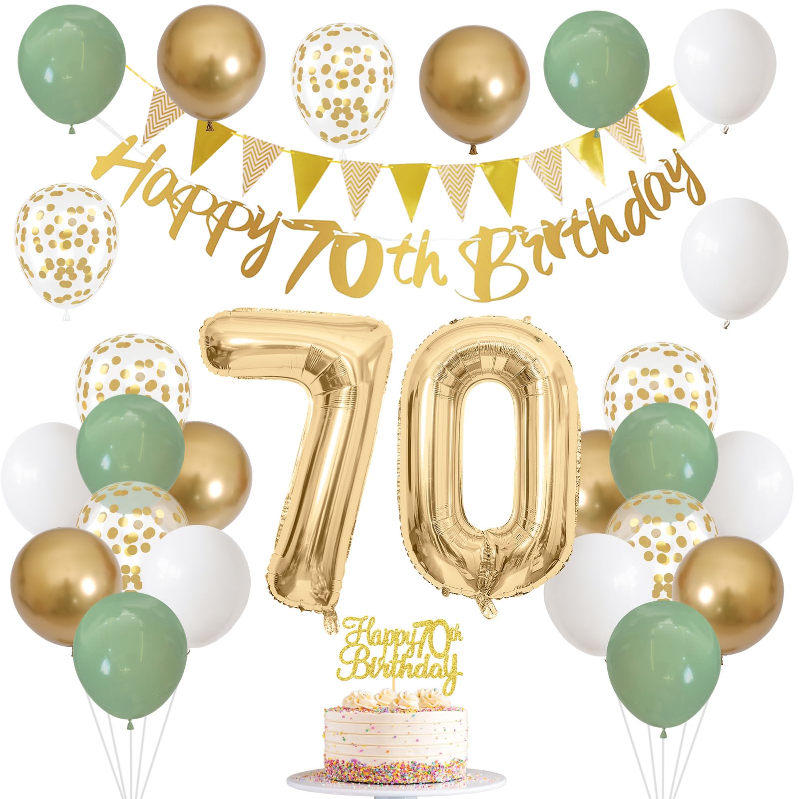 70Th Birthday Decorations For Men Women, Sage Green White Gold Birthday Balloons With Happy 70Th Birthday Banner 70Th Birthday C
