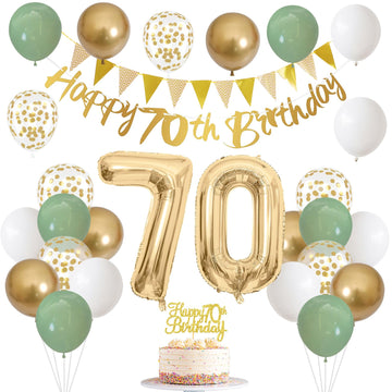 70Th Birthday Decorations For Men Women, Sage Green White Gold Birthday Balloons With Happy 70Th Birthday Banner 70Th Birthday C
