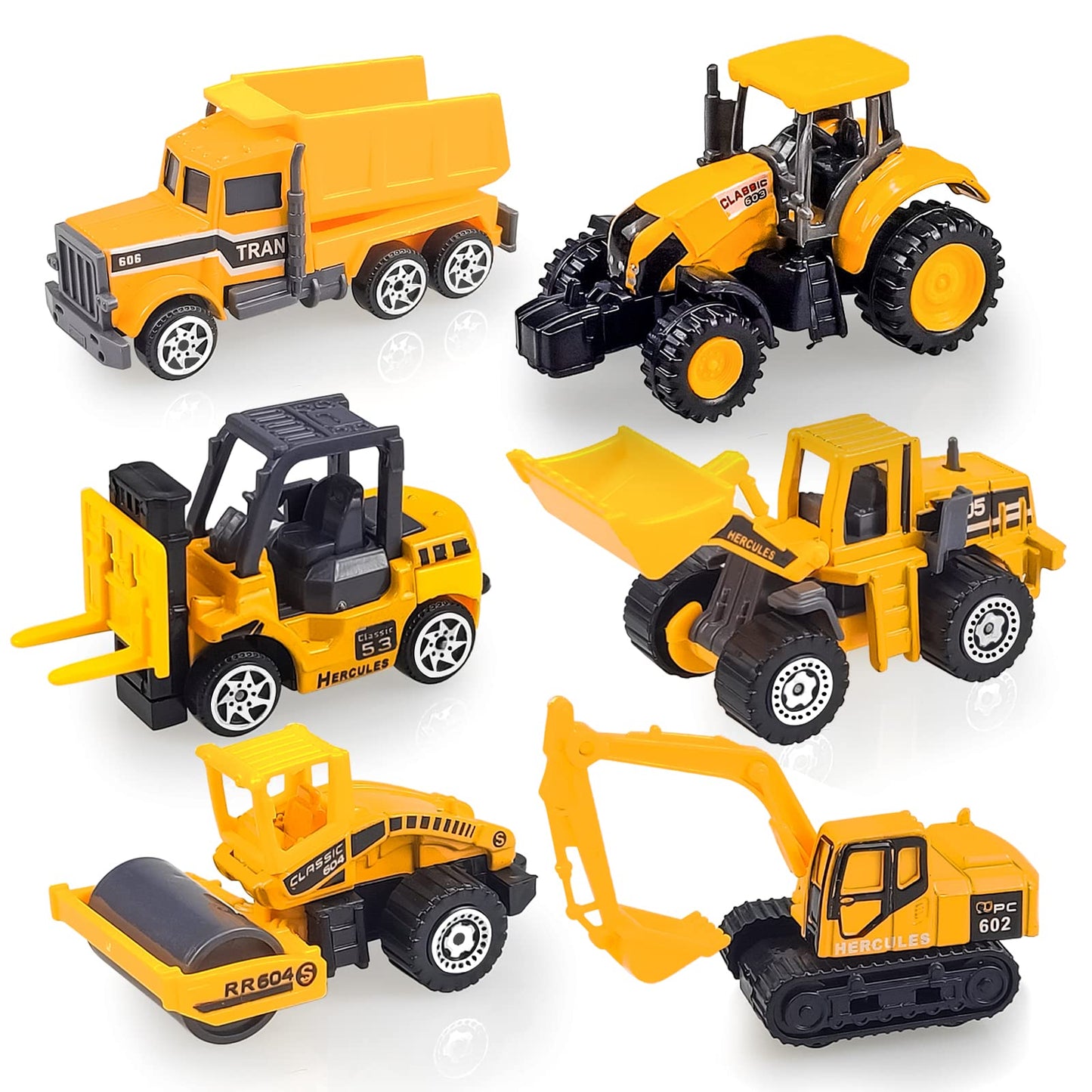 Blooming Lilies 6 Pack Diecast Construction Vehicle Toy Set, Mini Plastic Models for Boys & Girls, Yellow, Ages 1-7, Birthday Party Favors