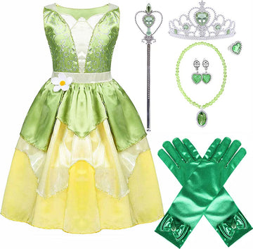 Princess Tiana Dress For Girls Green Fairy Frog Birthday Party Fancy Dresses Halloween Elf Costume Outfits With Accessories (3-4T)