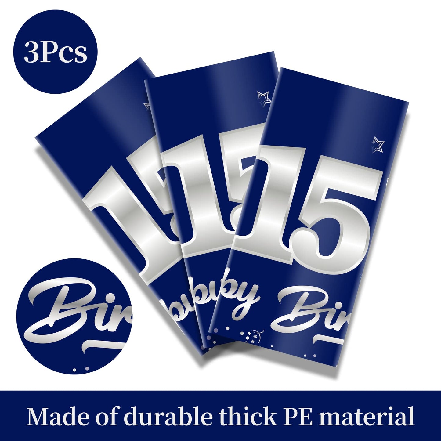 Turypaty 3 Pack Blue Silver 15Th Birthday Tablecloth Decoration For Boy, Navy Blue Happy 15 Table Cover Party Supplies, Fifteen