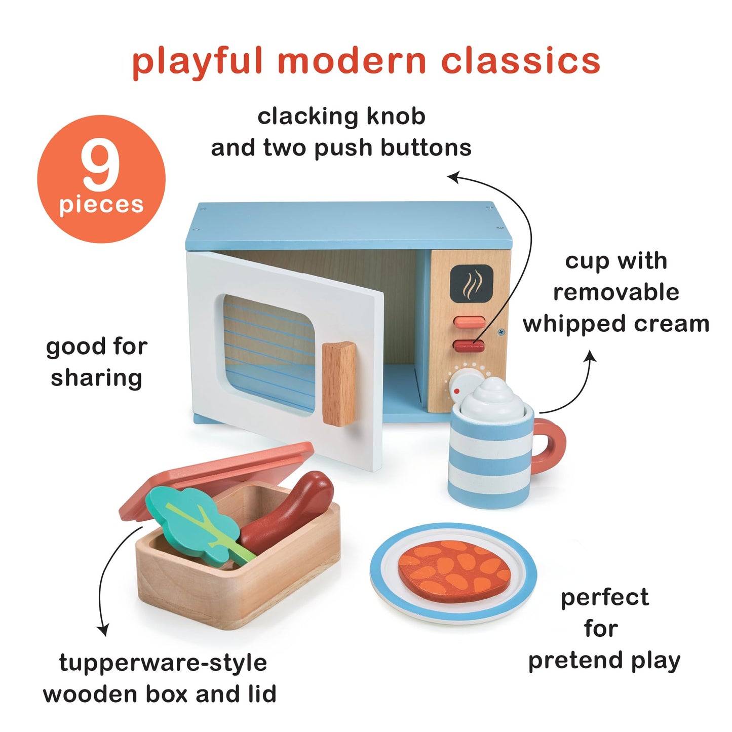 Mentari Toys - Toy Microwave - 9Pc Wooden Microwave Set With Pretend Play Food - Kids Role Play Kitchen Accessories - Improve So